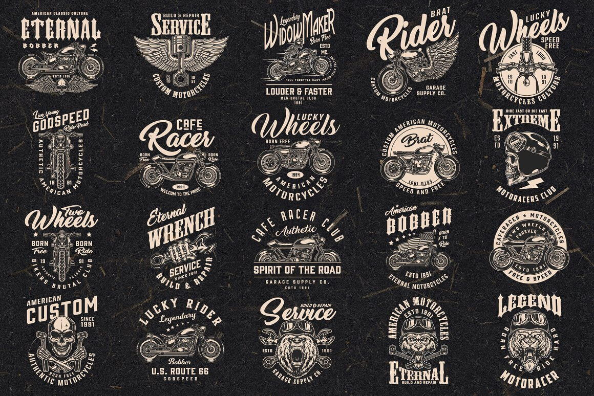 Logos design for motorcycle t-shirts with skeletons and motorcycles with wings and inscriptions about motorcycles.