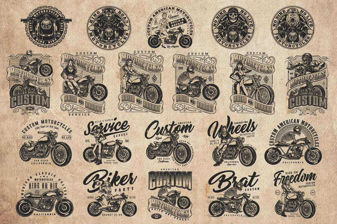 Logo design for motorcycle t-shirts with skeletons and motorcycles with wings and inscriptions about motorcycles on a beige background.