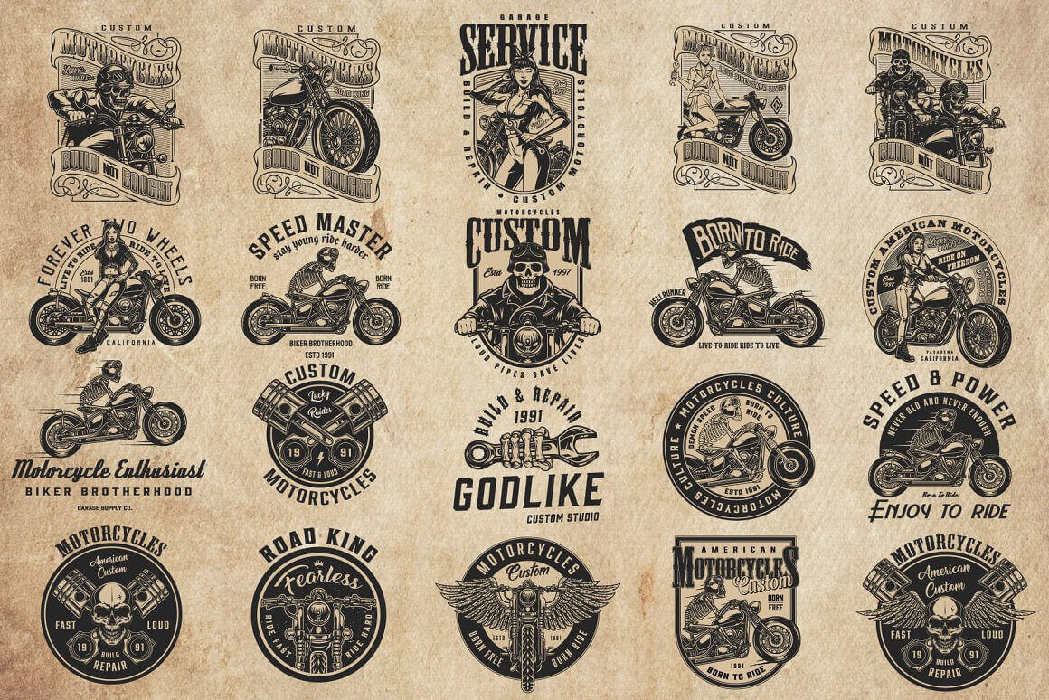 Logo design for motorcycle t-shirts with skeletons, motorcycles and parts from motorcycles and inscriptions about motorcycles on a beige background.