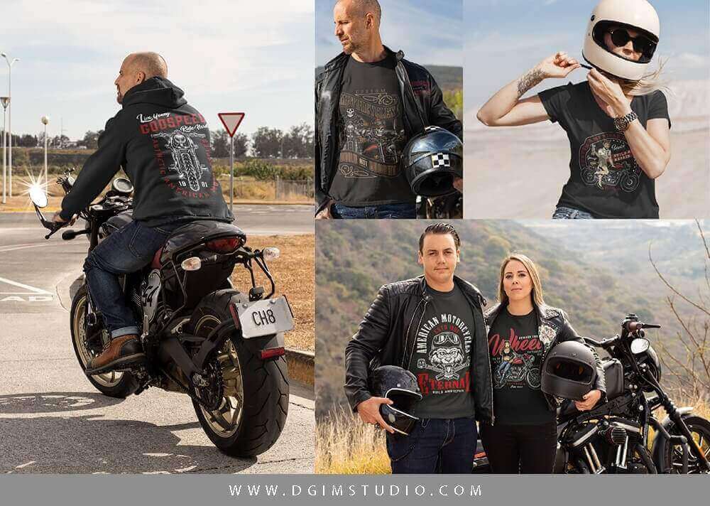 Real photos of the use of logos design for motorcycle t-shirts with skeletons, motorcycles on a black background.