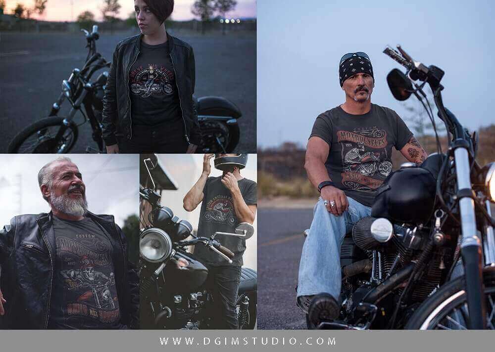 Photos of motorcyclists with T-shirts in the evening.