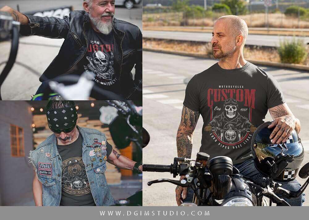 Photos of brutal motorcyclists with designer t-shirts.