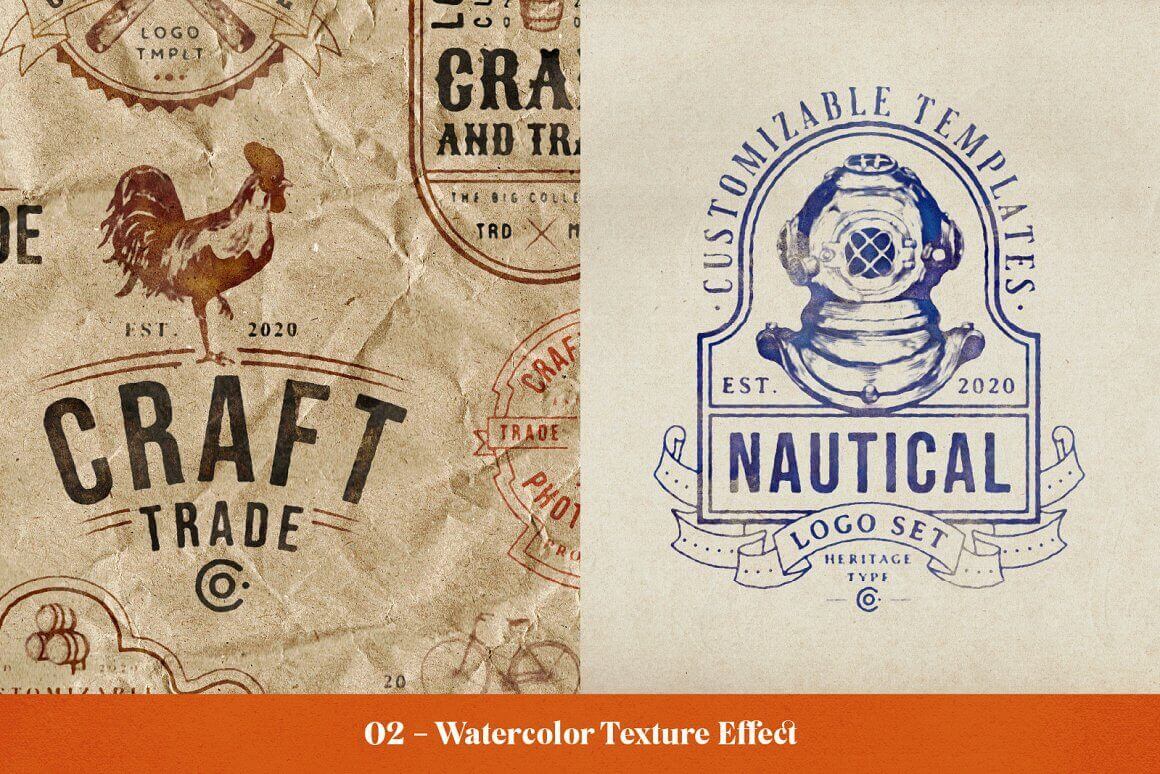 Example of Watercolor texture effect for Crafttrade and Nautical logo set.