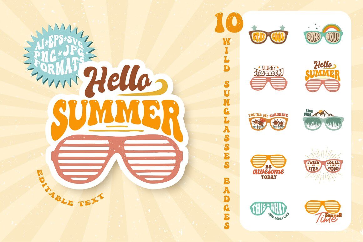 Cheerful summer glasses of pastel colors in assortment.