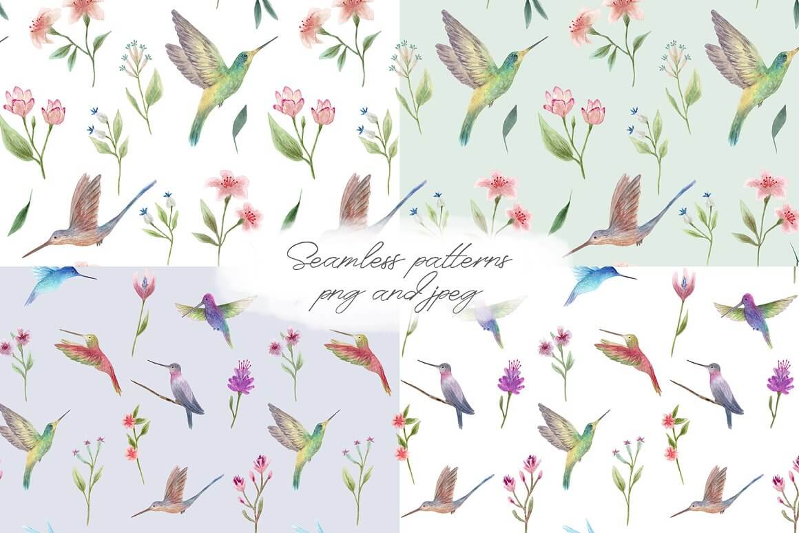 4 samples on a white and blue background of painted watercolor birds and flowers.
