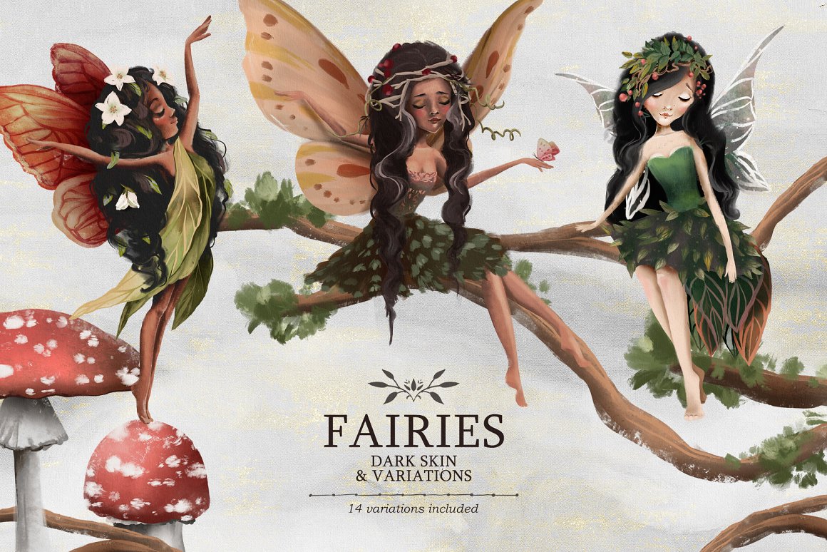 Three different fairies on the branches.