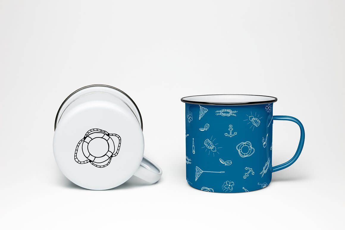 Blue and white cup with nautical pictures.
