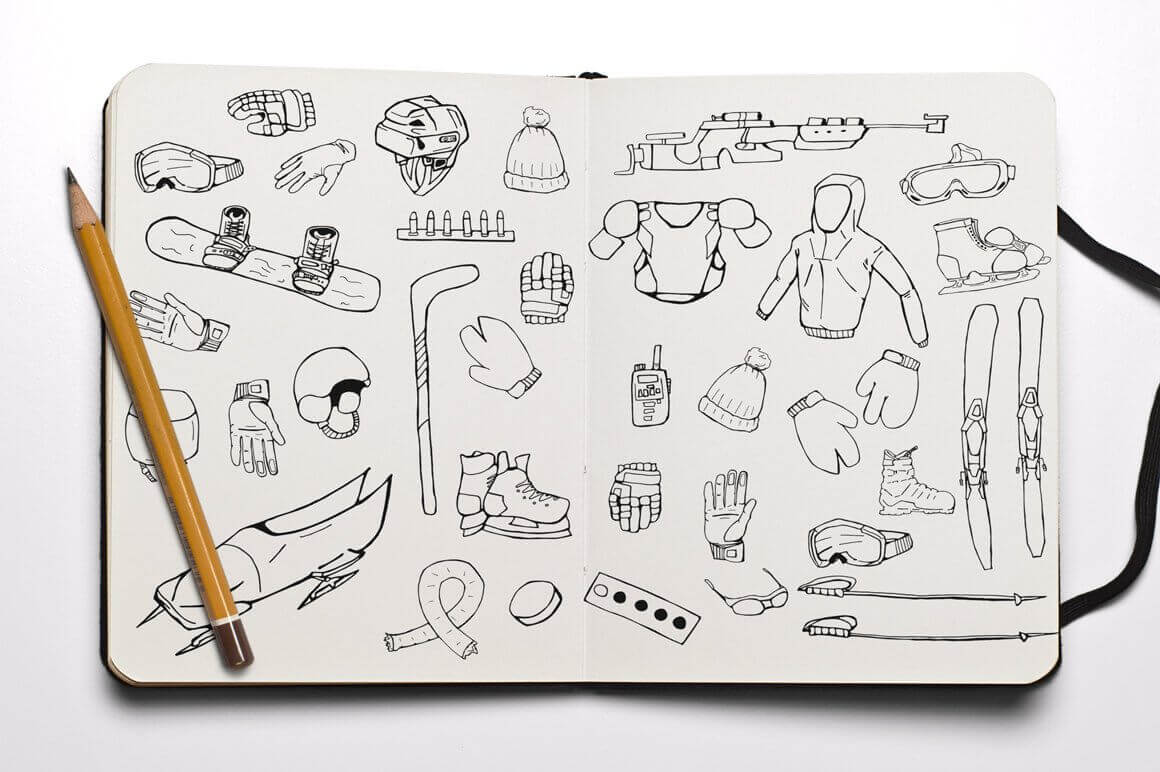Winter sports equipment drawn by hand in a notebook.