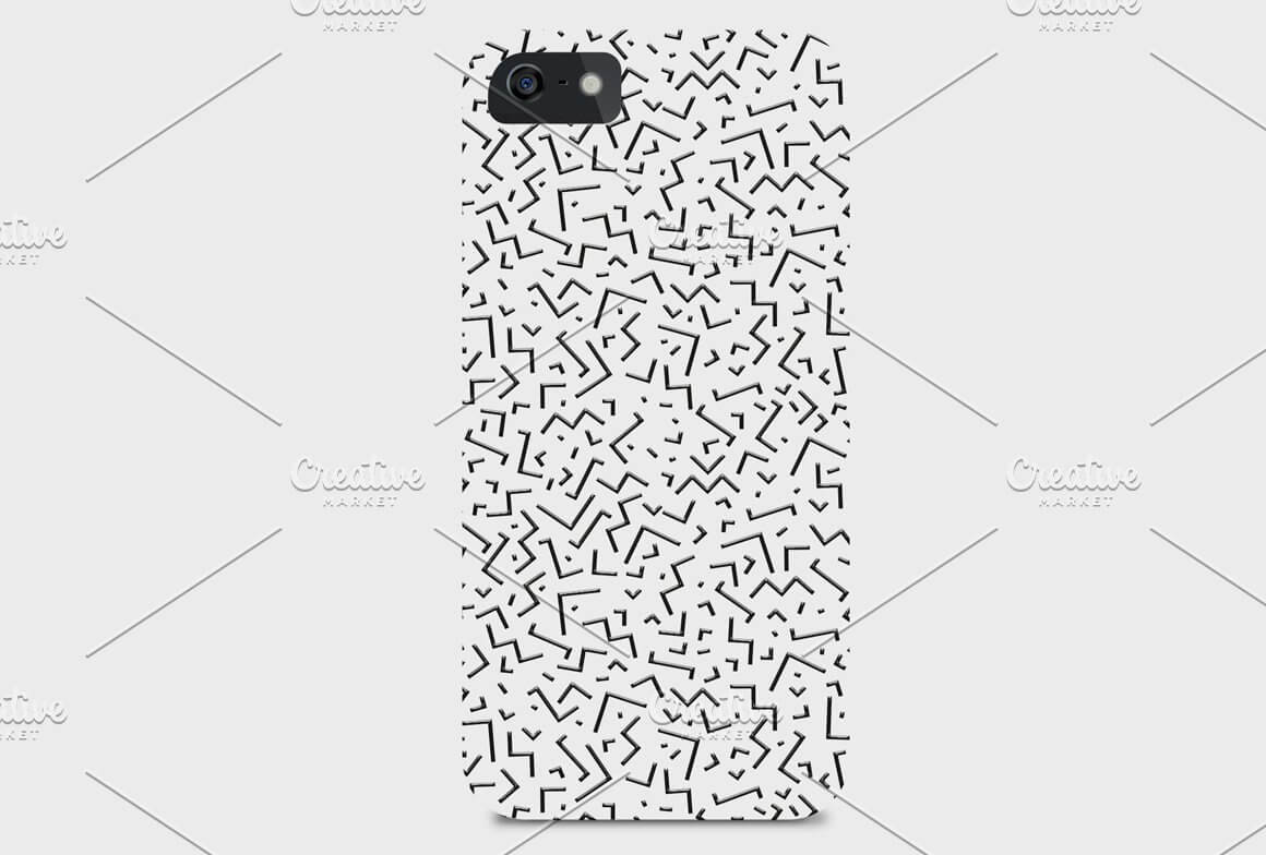 White phone case with a design of various geometric curves in a chaotic pattern.