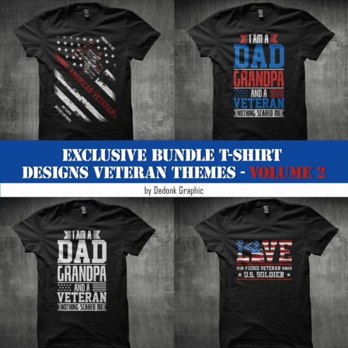 Four black t-shirts with designs veteran themes.