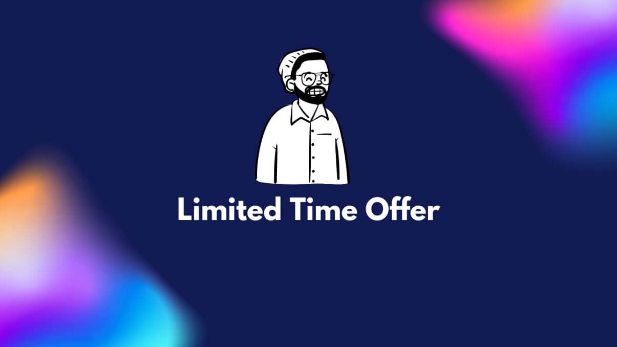 On a blue background with a rainbow frame, a black and white man with glasses is drawn in the center, and at the bottom there is an inscription "Limited Time Offer".