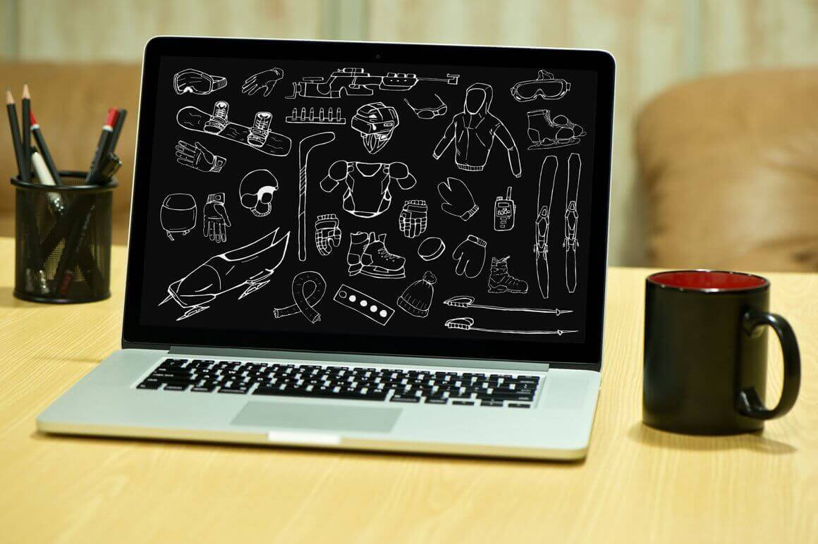Preview drawn equipment for winter sports on a laptop.
