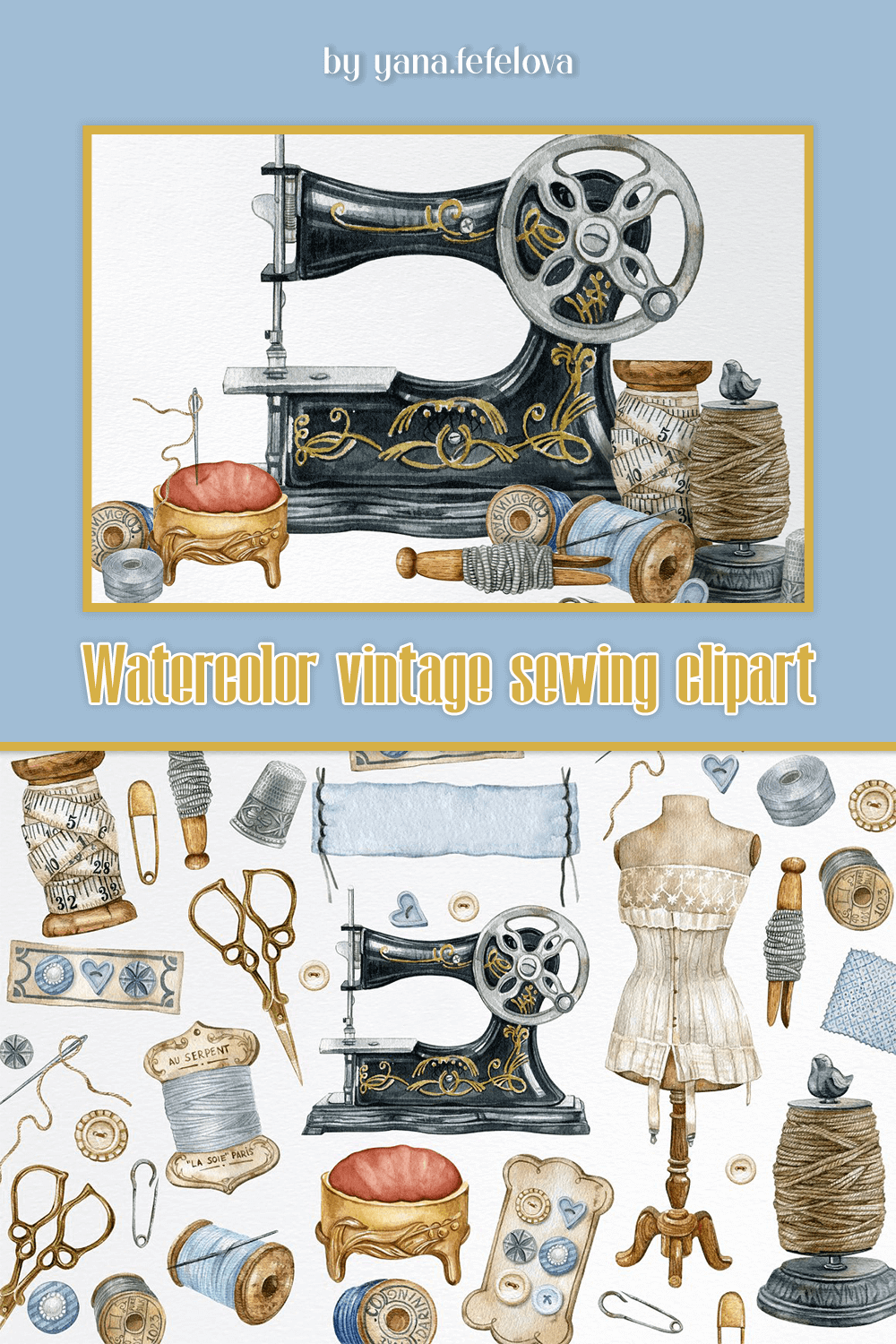 Watercolor drawings of items for needlework on a white and blue background.