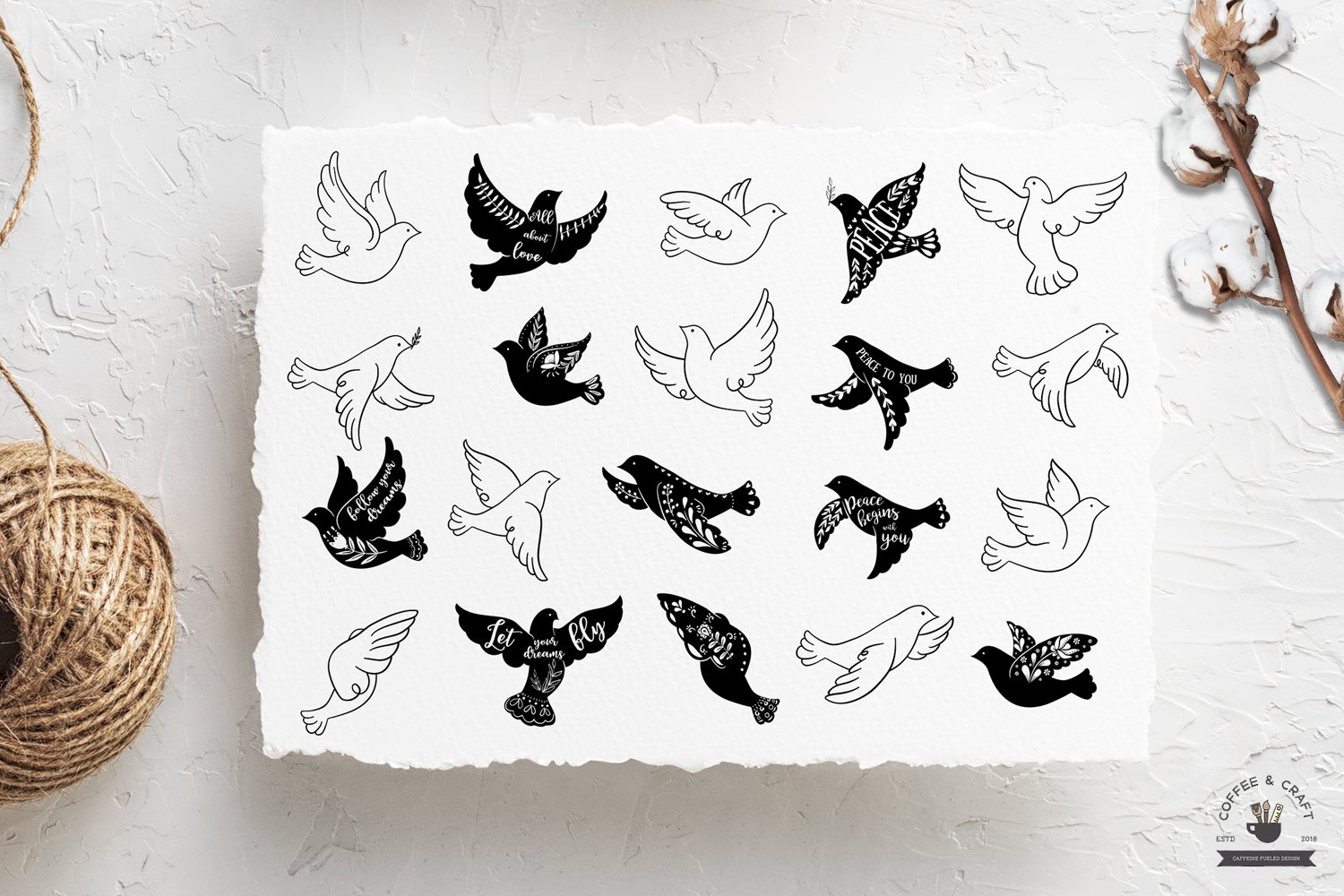 Black and white prints of pigeons in the image.