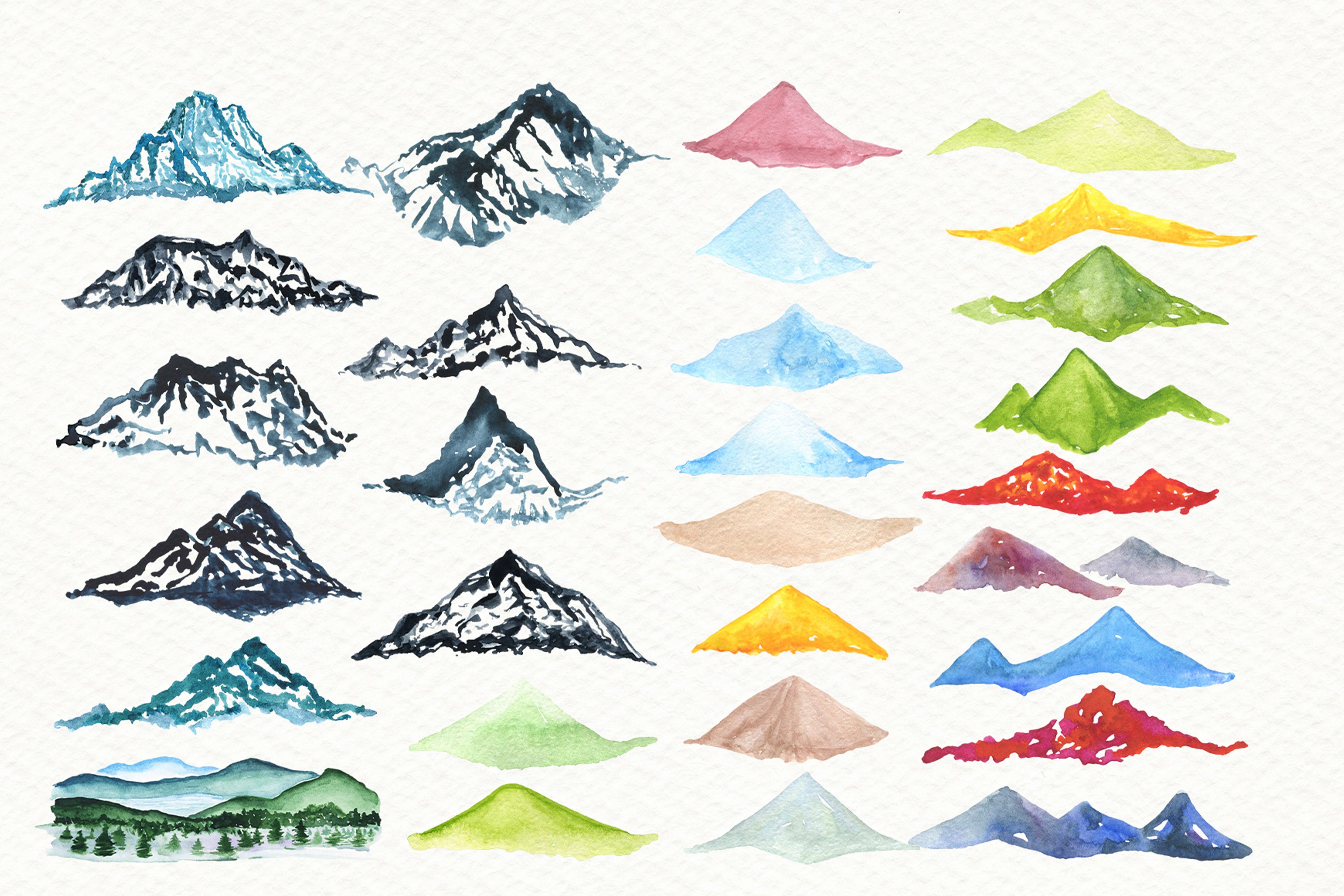 Painted mountains of different shapes and colors.