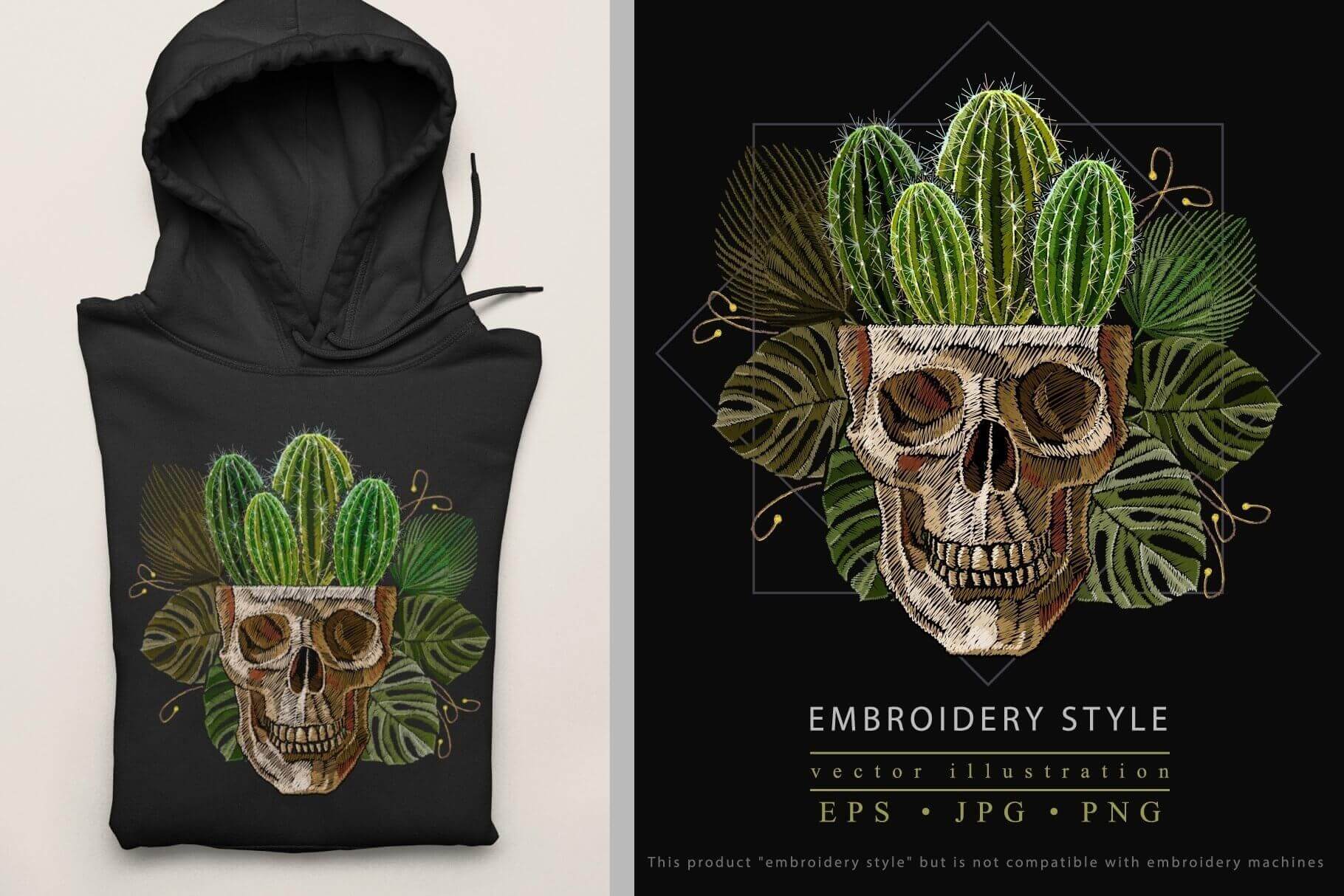 Embroidery of a skull from which cacti grow on a pullover.