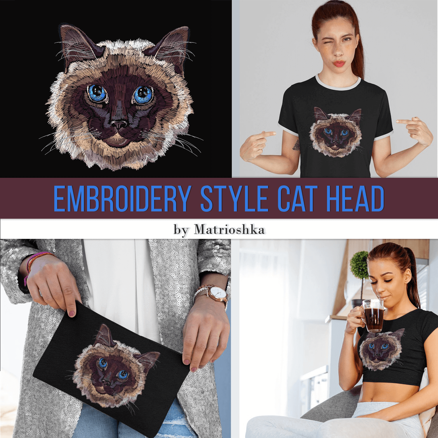 Four examples of using embroidery style cat head.