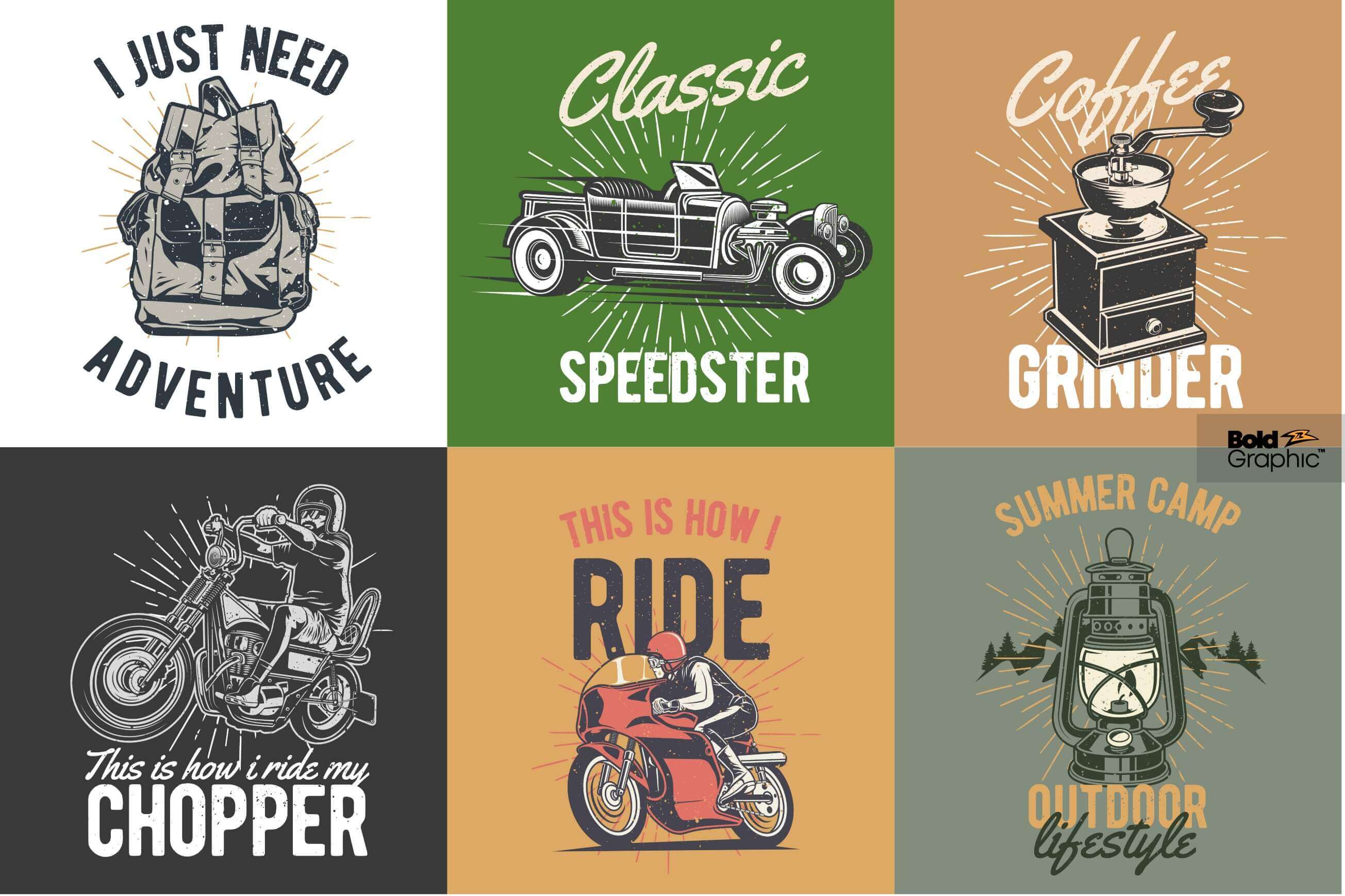 T-shirt design with car, bag, gas lamp, motorcycles and coffee grinder.