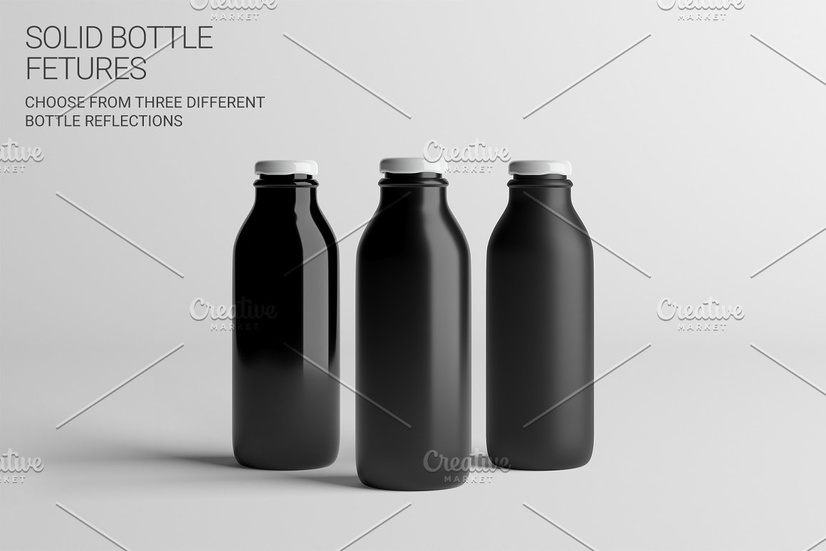 Three black bottles on a white background.