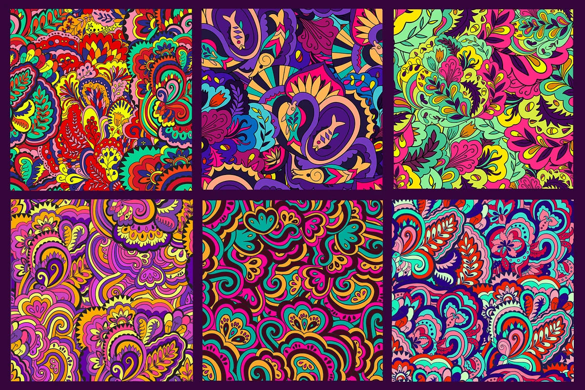 6 seamless psychedelic patterns for fabrics.