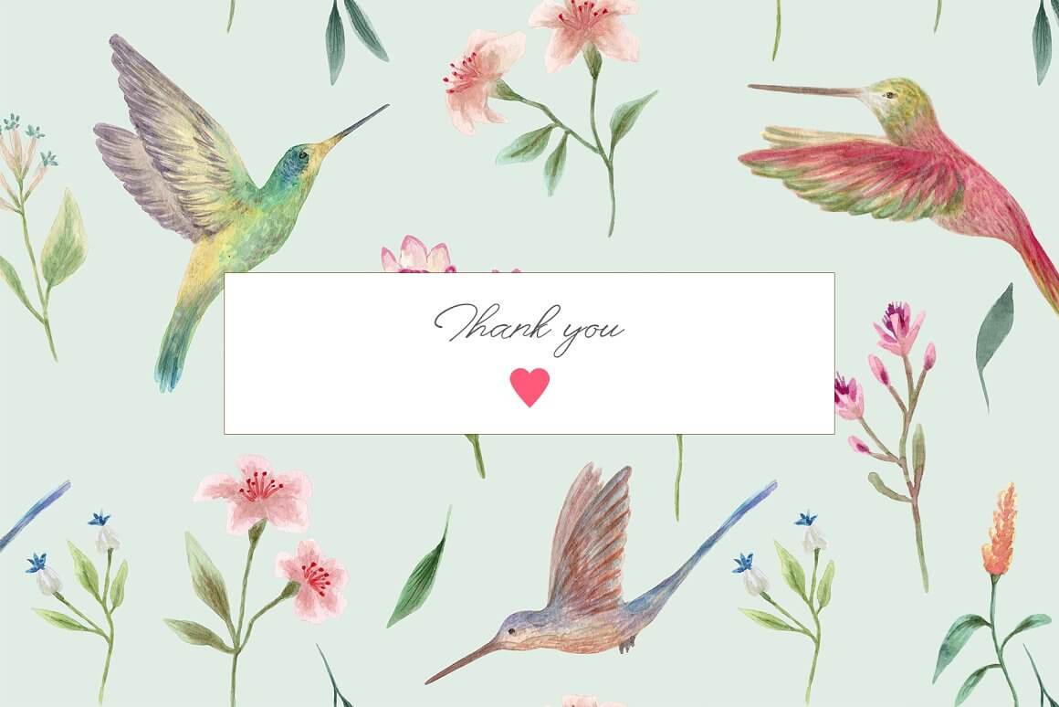 On a blue background, multi-colored hummingbirds and flowers are painted in watercolor, and in the center there is an inscription "Thank you".