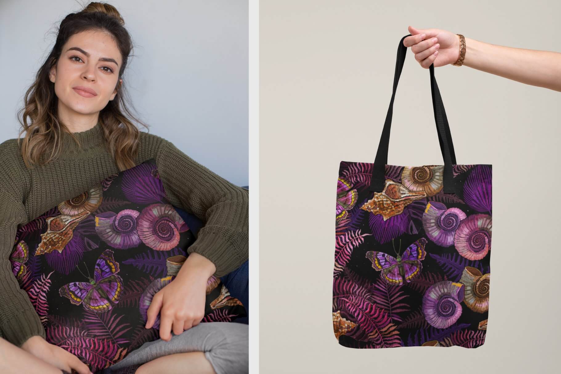 Dark bag and pillow with painted purple seashells, ferns and butterflies.