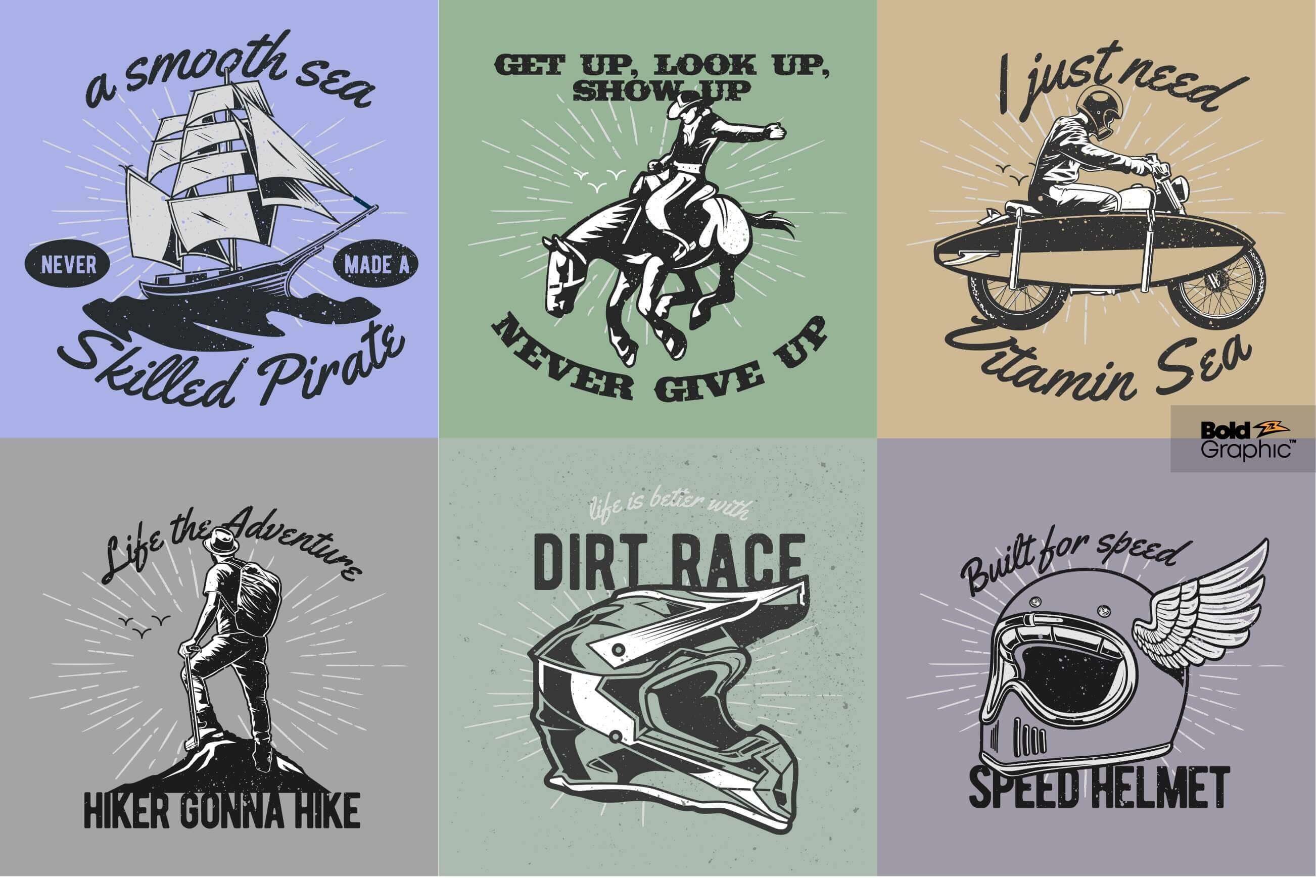 T-shirt designs featuring travelers, riders, racers and sailors.