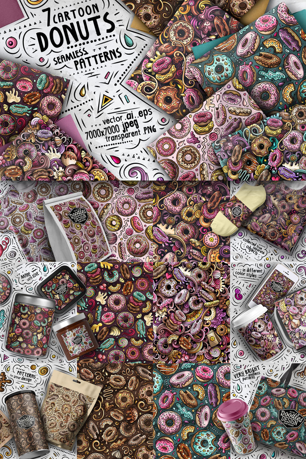7 Donuts Cartoon Seamless Patterns Pinterest 1000 1500.