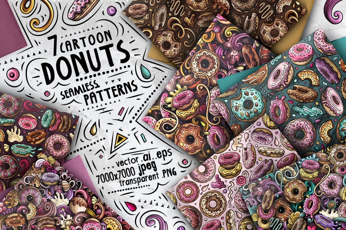7 Donuts Cartoon Seamless Patterns Preview 1.