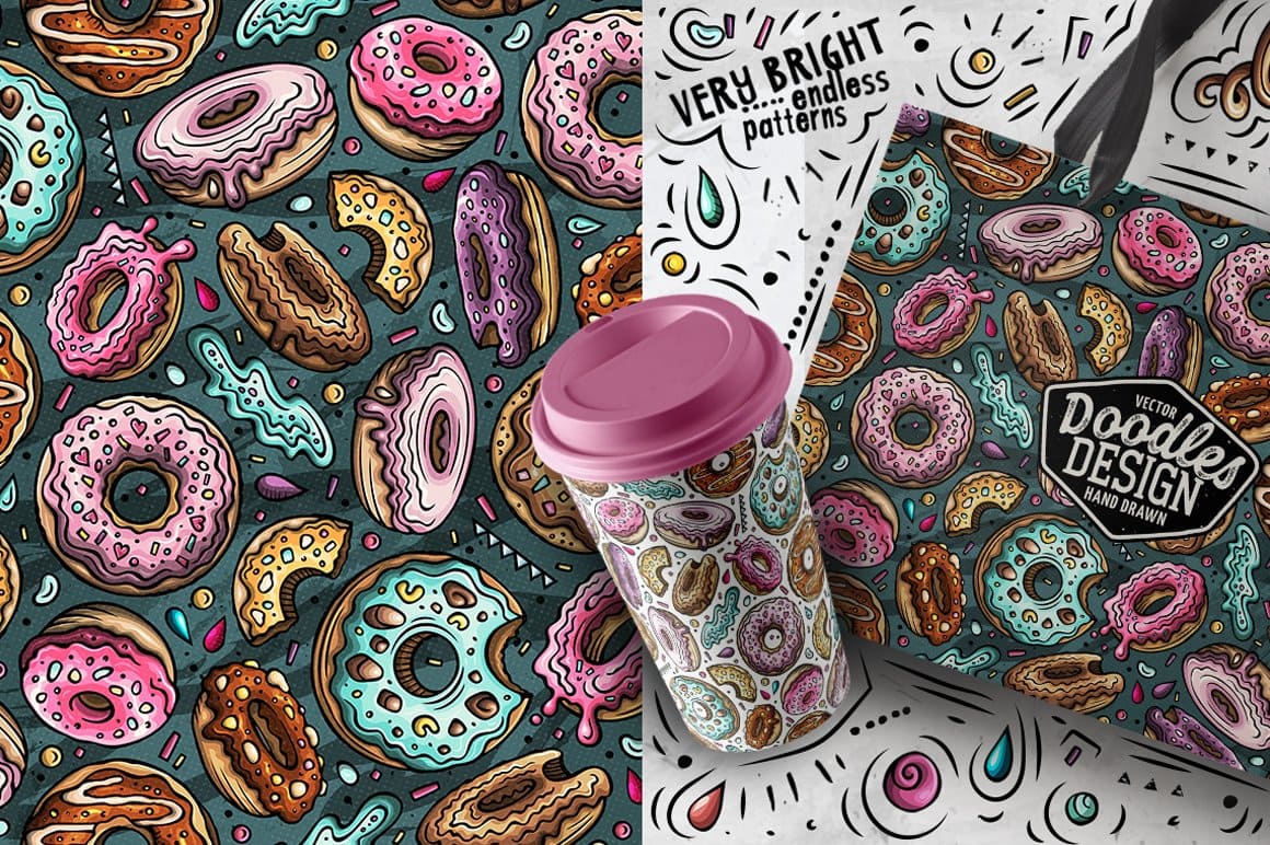7 Donuts Cartoon Seamless Patterns Preview 3.