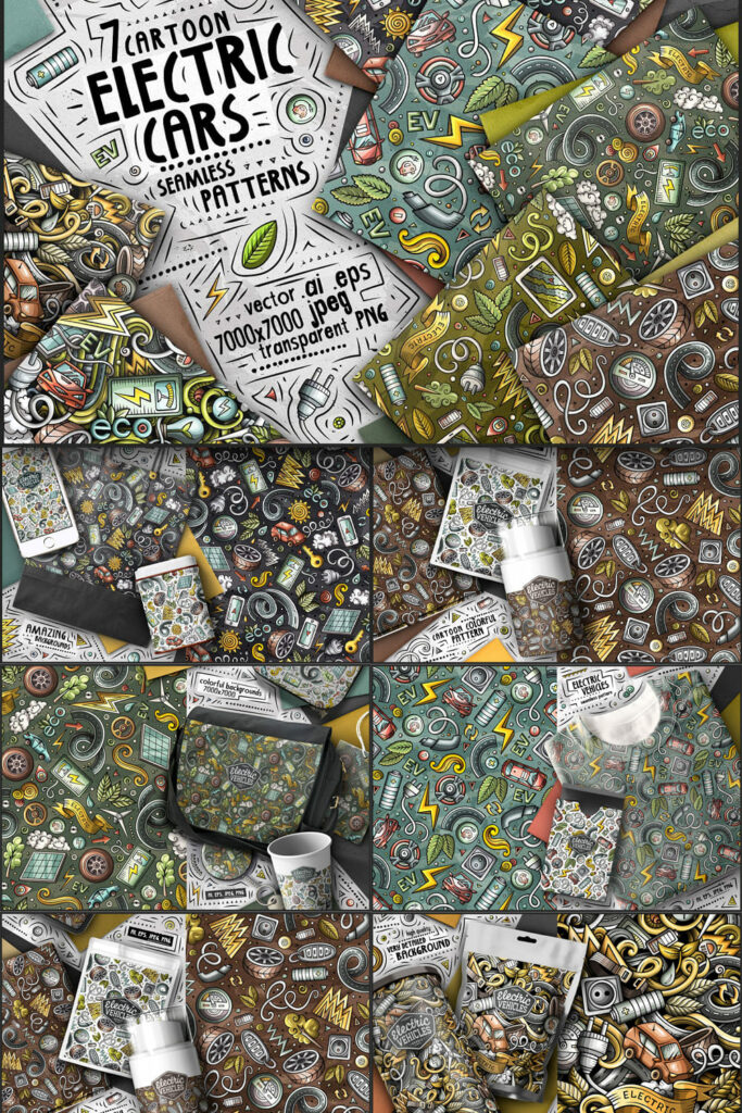 7 Electric Cars Seamless Patterns – MasterBundles