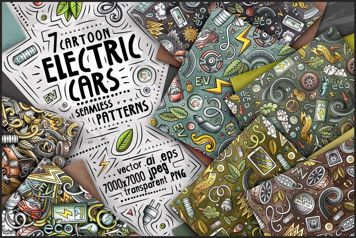 7 Electric Cars Seamless Patterns Preview 1.