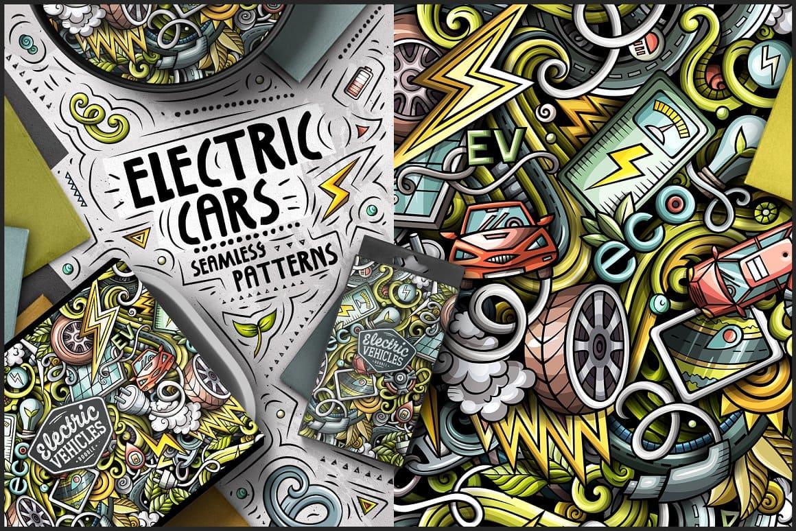 7 Electric Cars Seamless Patterns Preview 2.