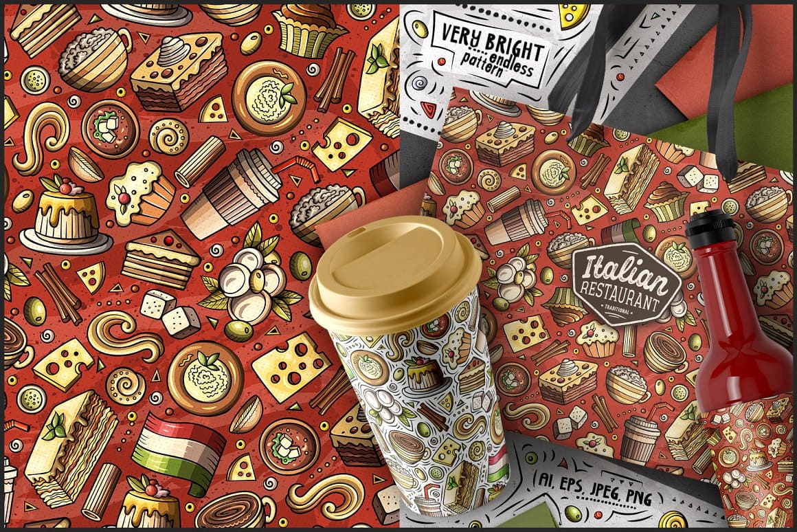 7 Italian Food Seamless Patterns Preview 5.