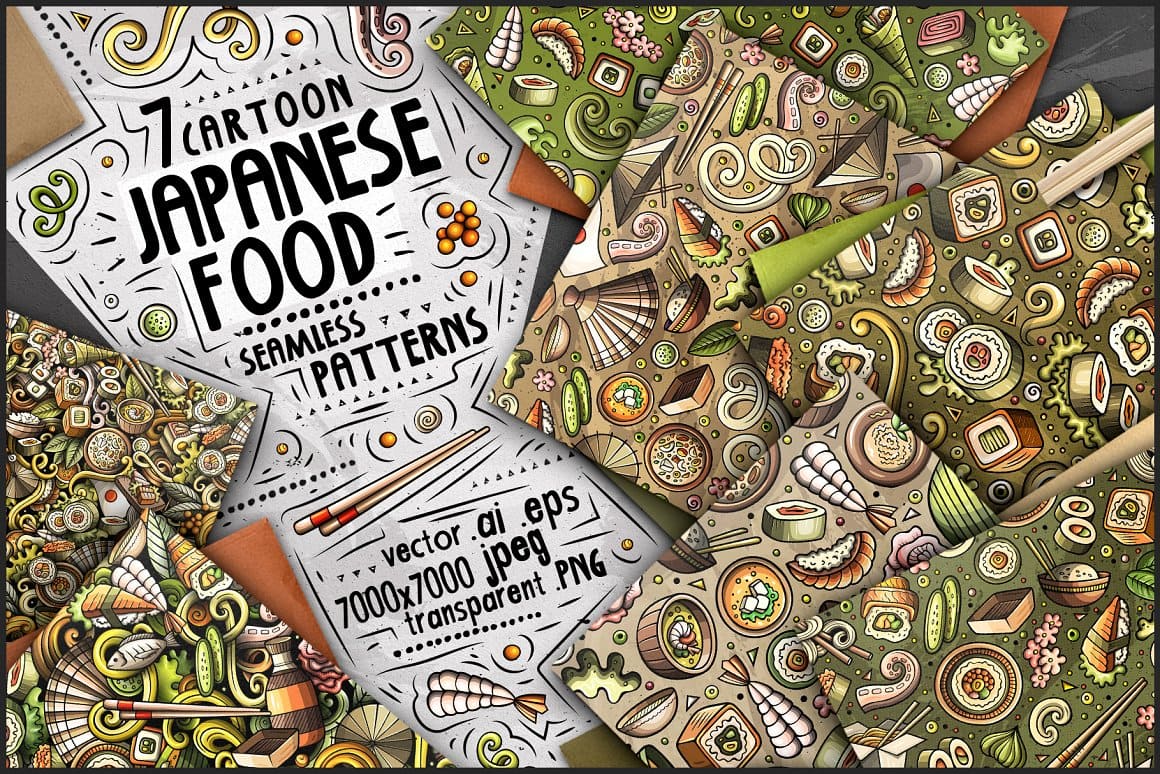 7 Japanese Food Seamless Patterns Preview 1.