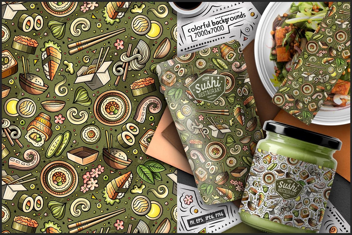 7 Japanese Food Seamless Patterns Preview 5.
