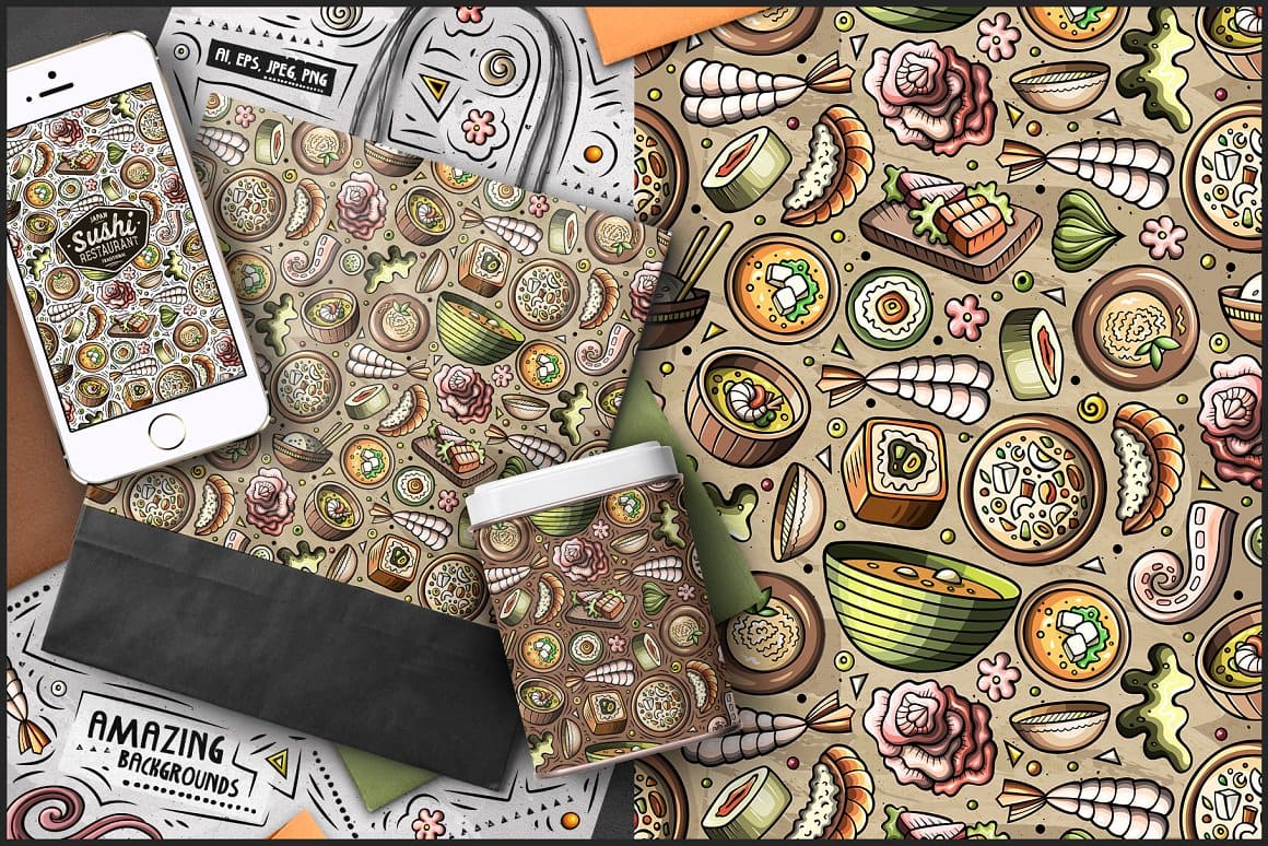 7 Japanese Food Seamless Patterns Preview 8.