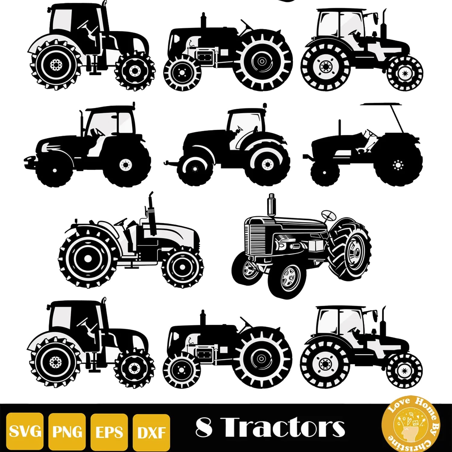 8 farm tractor svg illustrations.