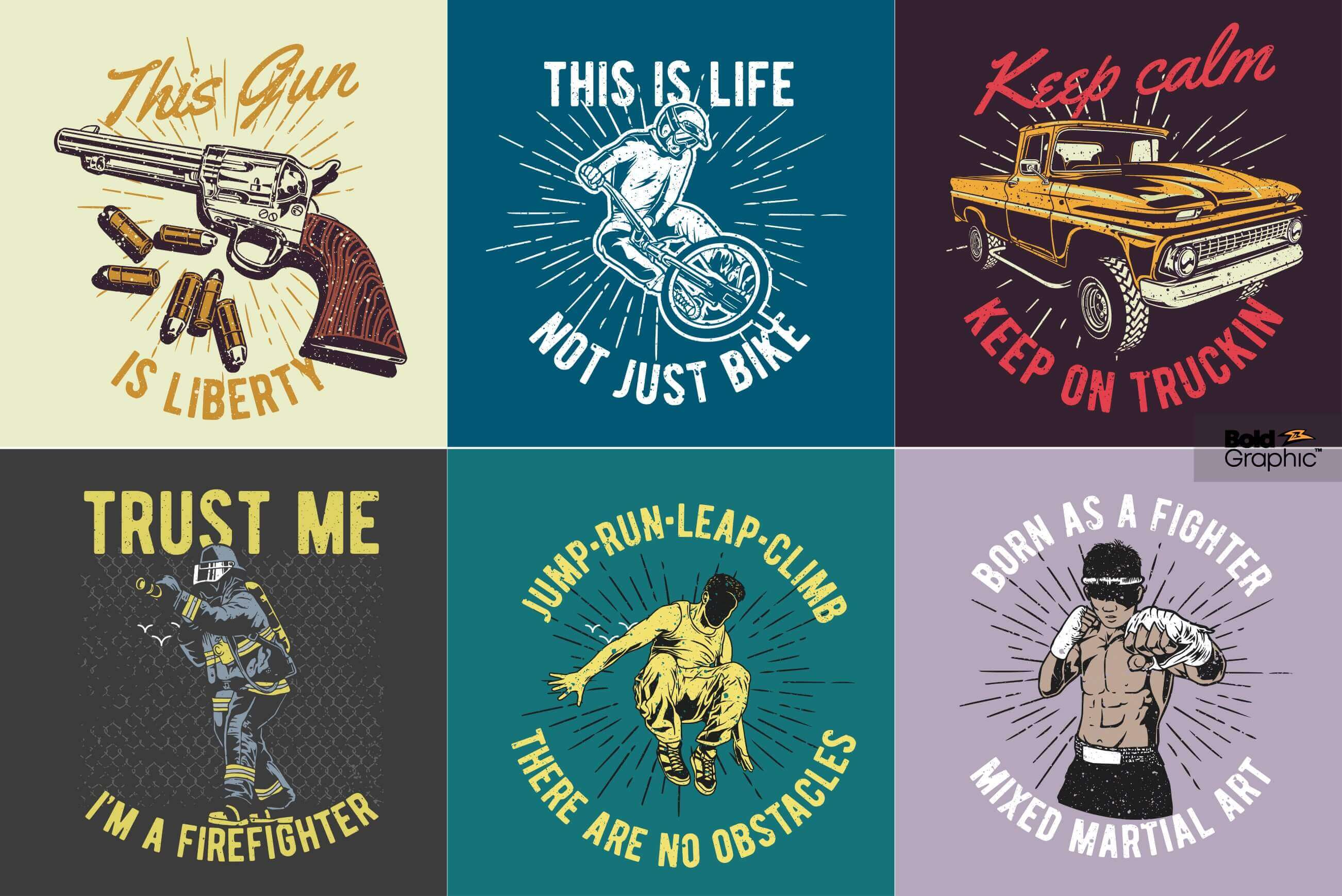 T-shirt designs depicting working specialties and sports hobbies.