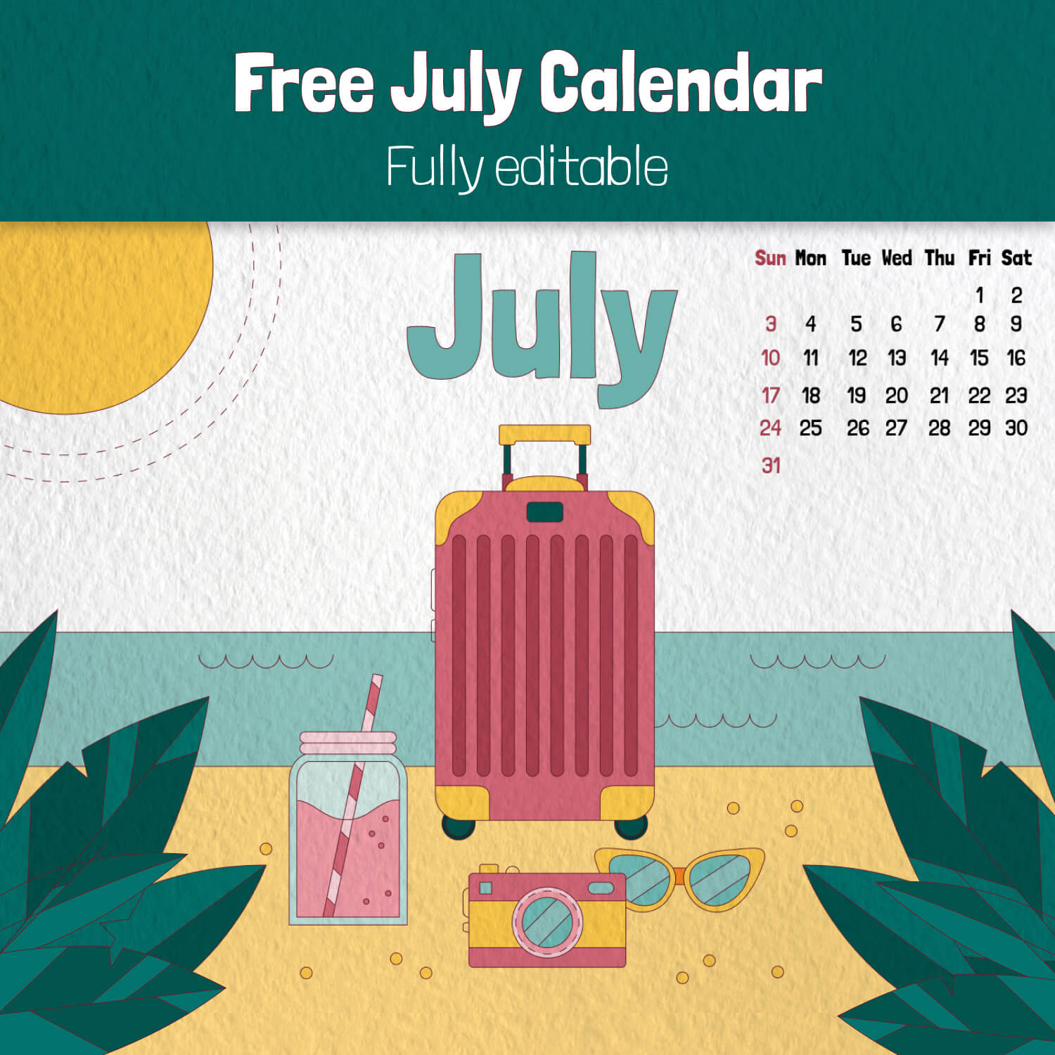 Free Editable July Calendar cover image.