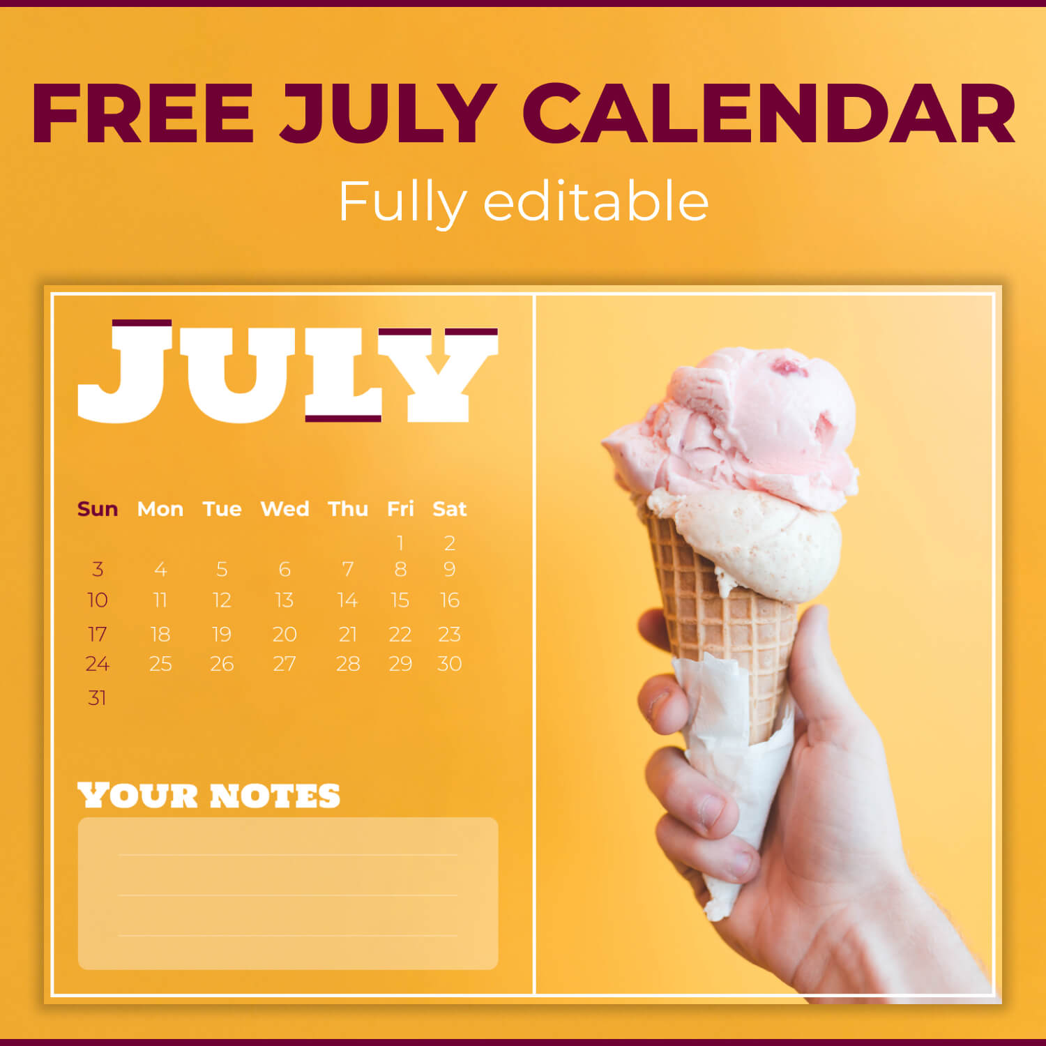 Free Blank July Calendar cover image.