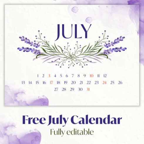 Free Editable July Calendar Lavender cover image.