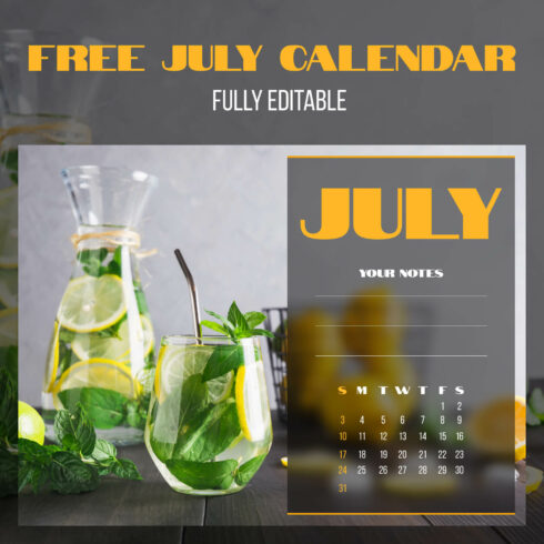 Fully Editable Free July Calendar cover image.