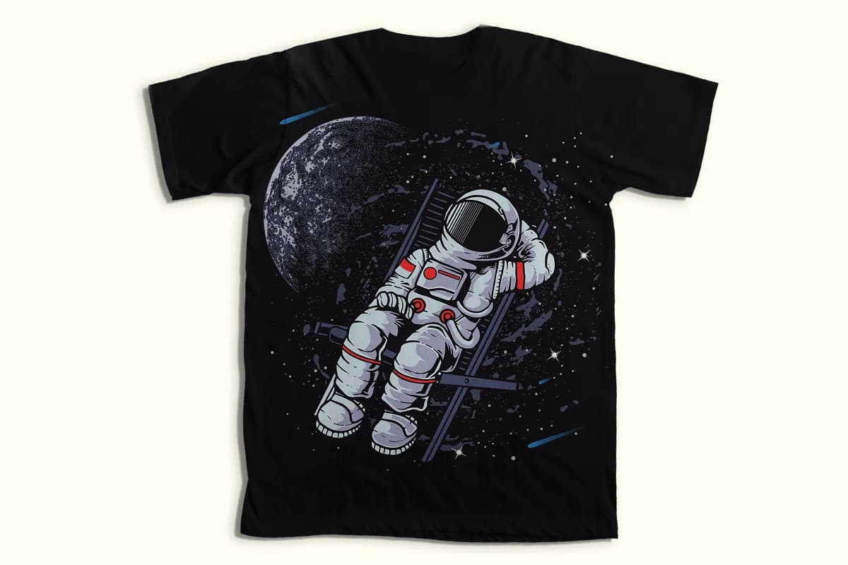 amazing astronaut design bundle, astronaut on the deck chair t-shirt mockup.