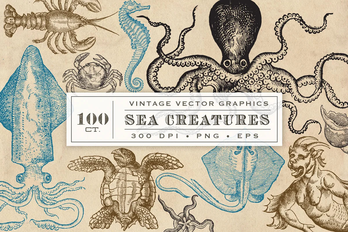 Antique Sea Creatures & Monsters facebook image.