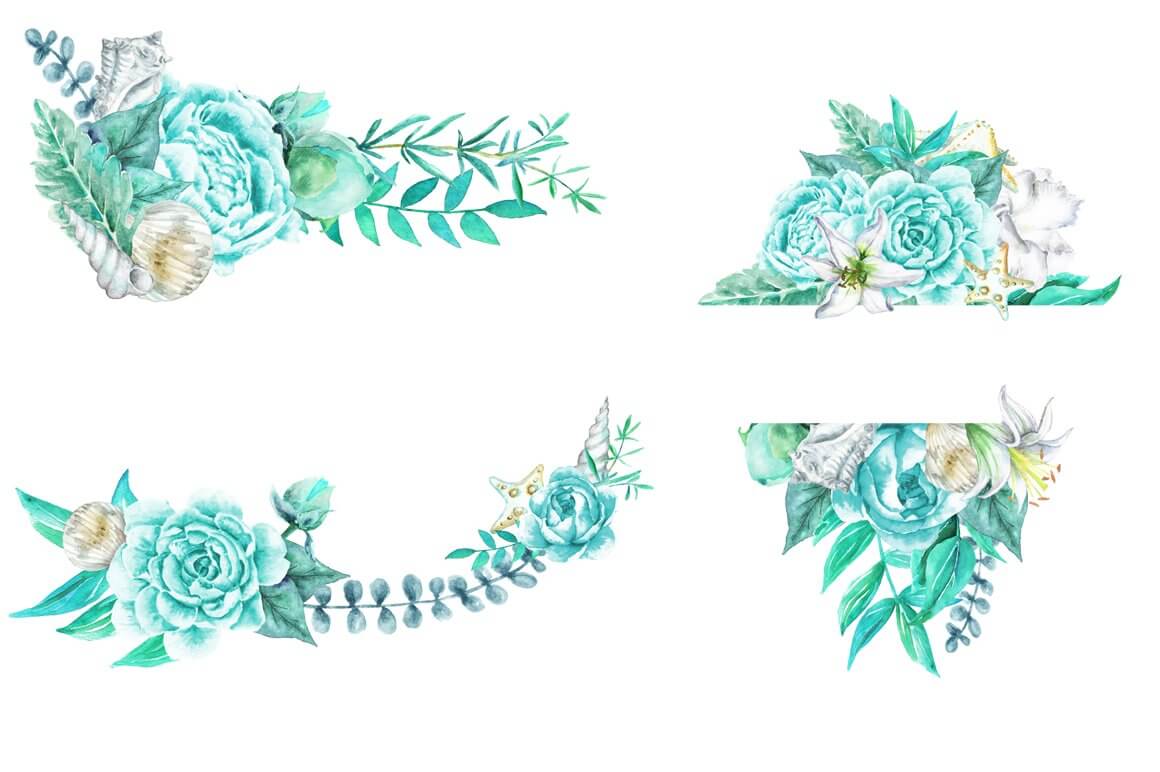 Elements of a flower bouquet of blue roses.
