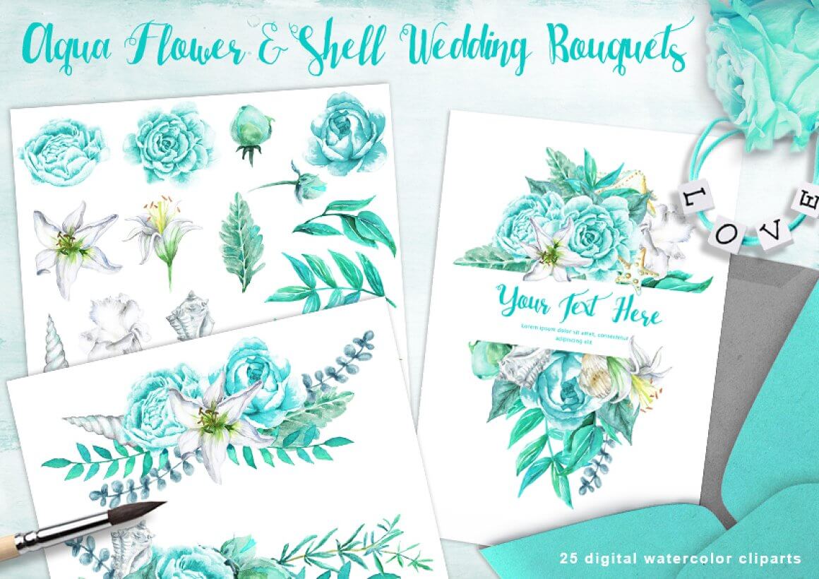 Aqua flowers and bridal bouquets painted on white paper.