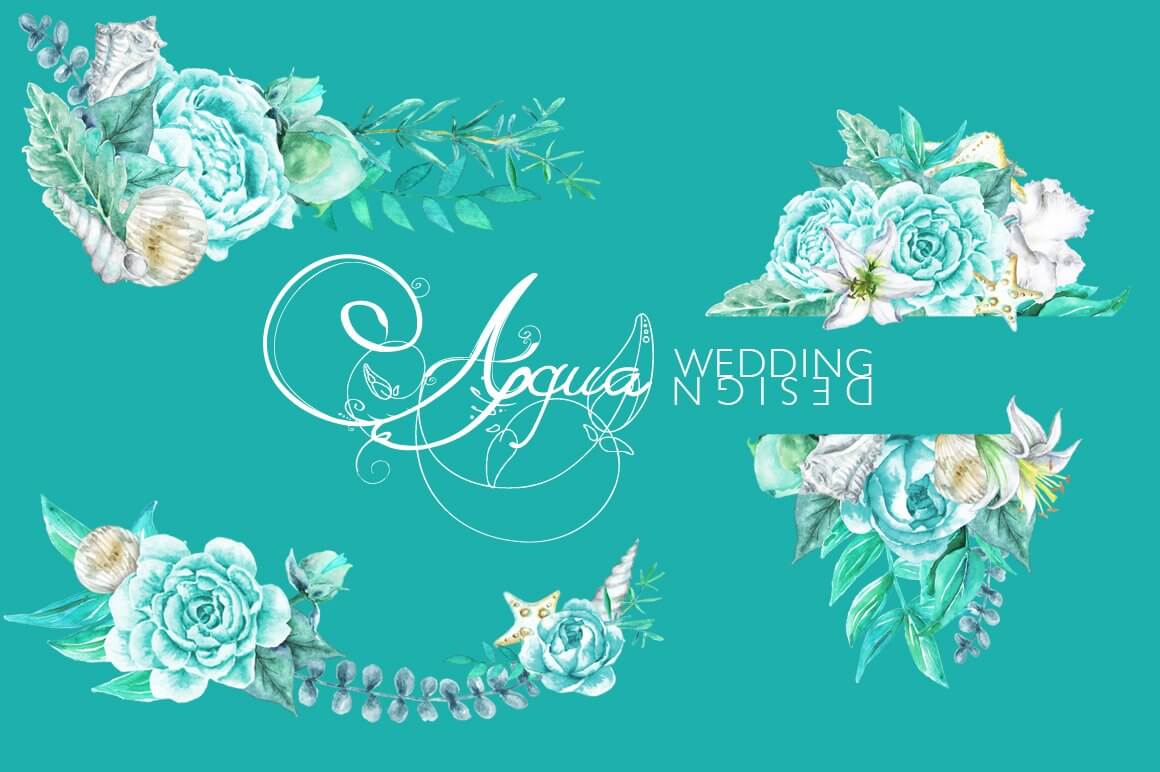 Aqua wedding design of pale blue flowers and light aqua leaves on a blue background.