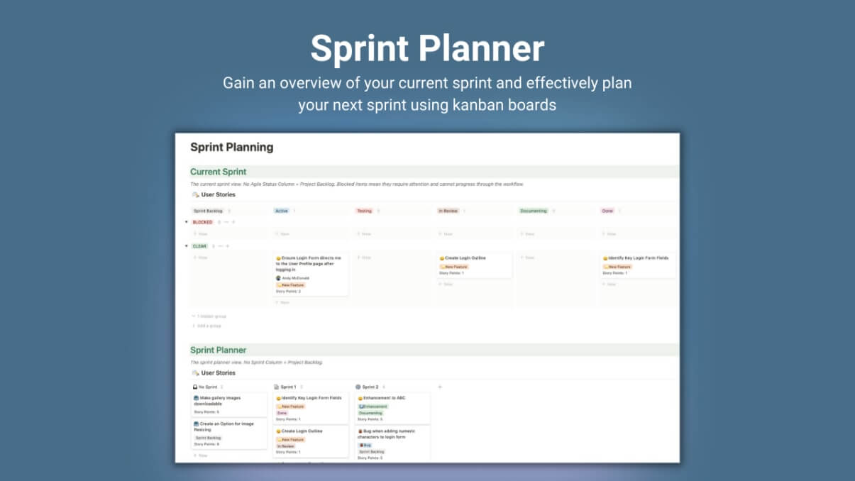 Sprint Planner - gain an overview of your current sprint and effectively plan your next sprint using kanban boards.
