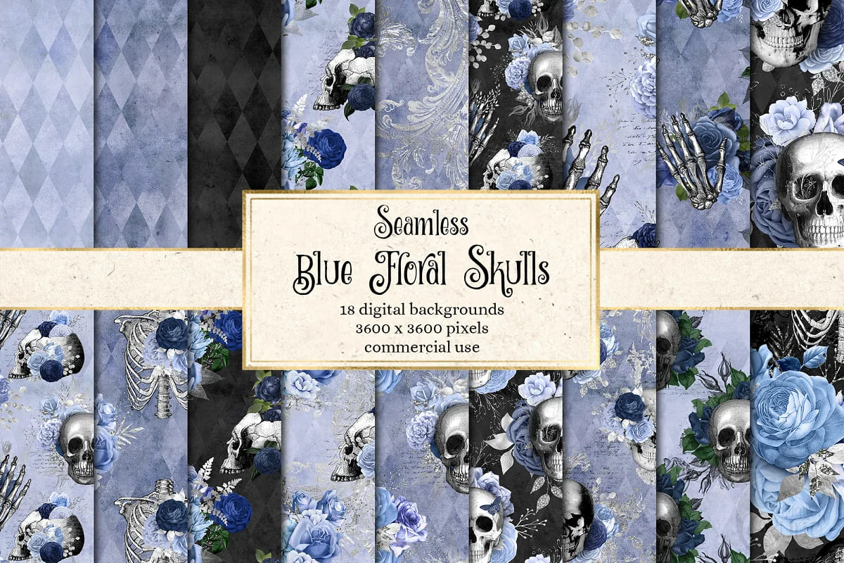 blue floral skulls digital paper design.